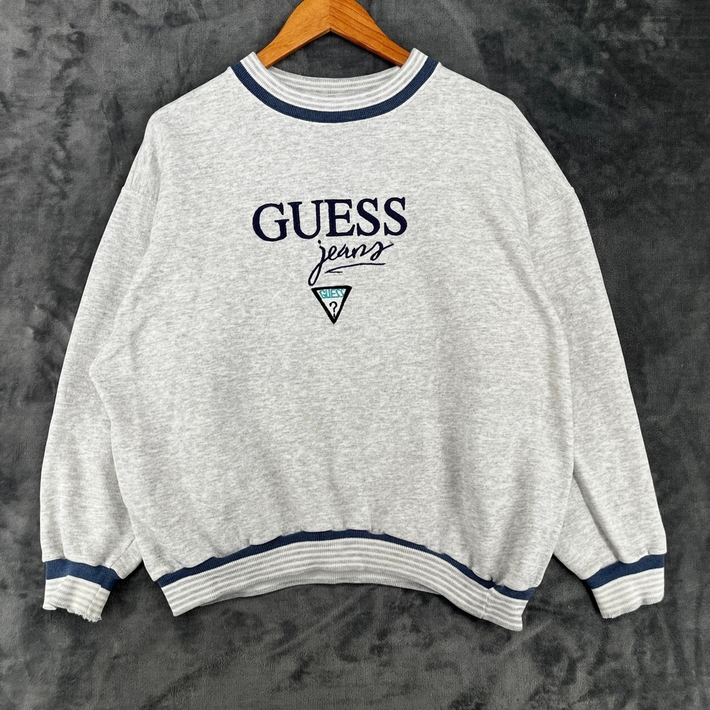 Vintage 90s Guess Jeans Embroidered Logo Pullover Sweatshirt Medium Gray Crew